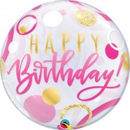 Pink & Gold Dots Happy Birthday Bubble Balloon 